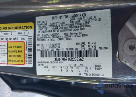 2016 Ford Fusion S z USA, uszkodzony, nr VIN 3FA6P0G71GR205562